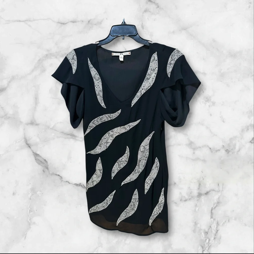 Black Cream Snakeskin Print Sheer Mini Dress Flutter Sleeve Party Boho